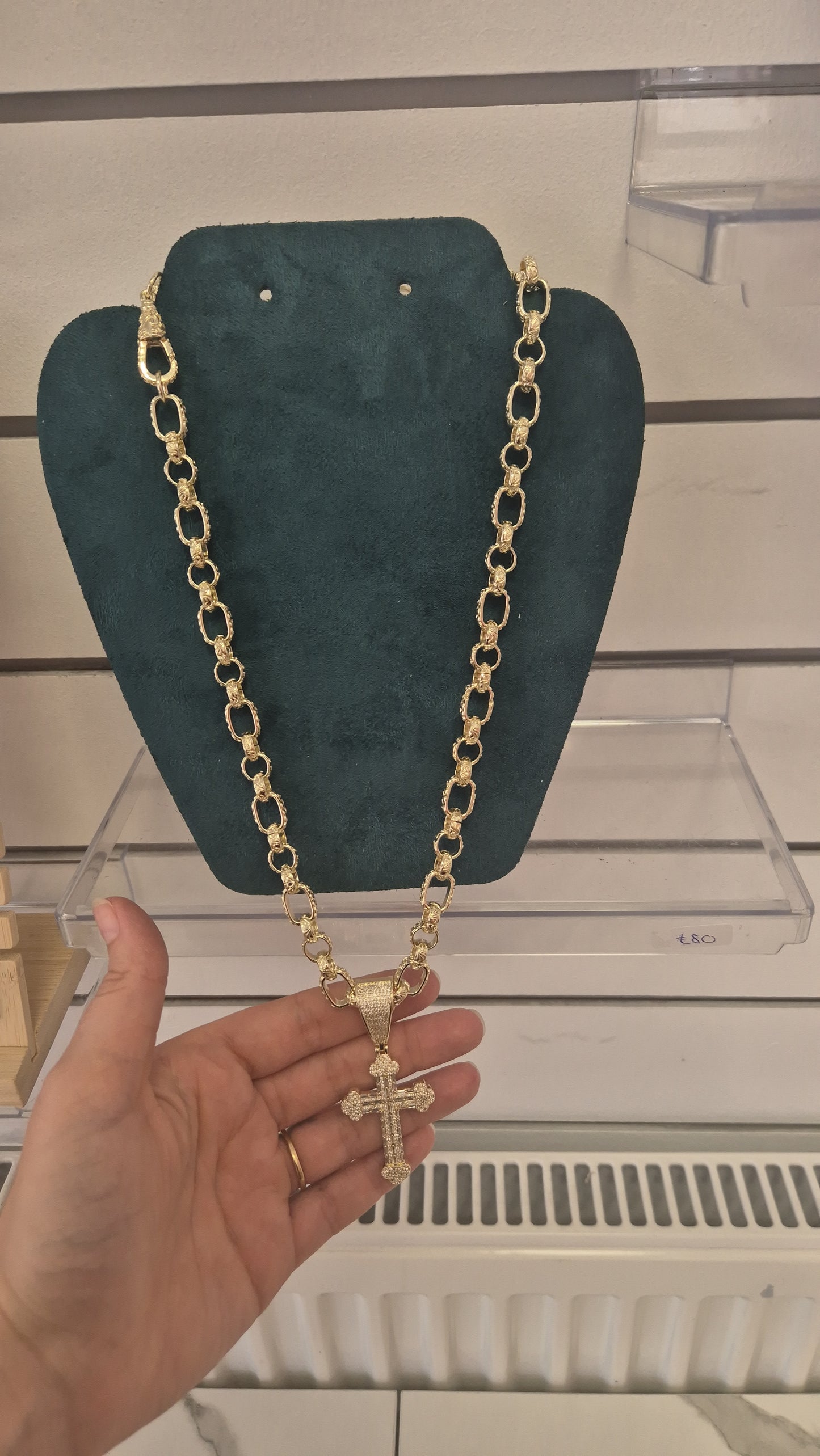 Large Cz Cross On 10mm 24" Gypsy Link Chain