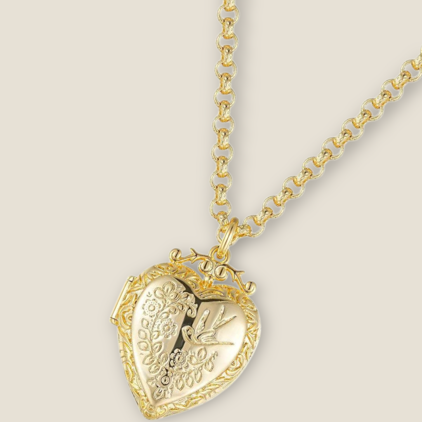 Heart Locket and Chain With Floral And Bird Detail