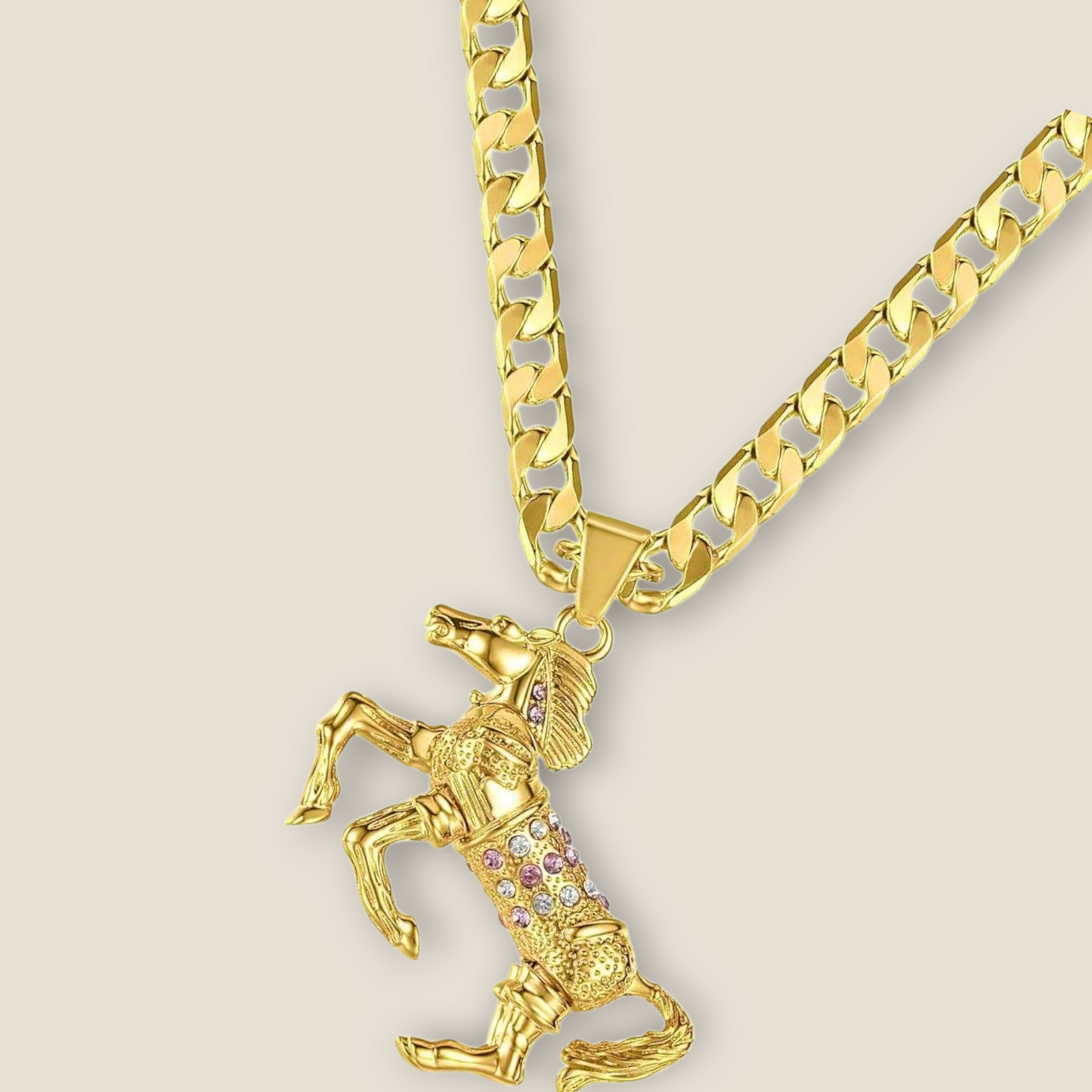 Pink Cz Horse Pendant On 4mm Curb 24"
