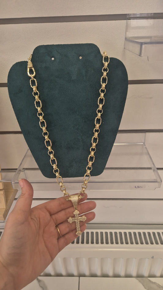 Large Cz Cross On 10mm 24" Gypsy Link Chain