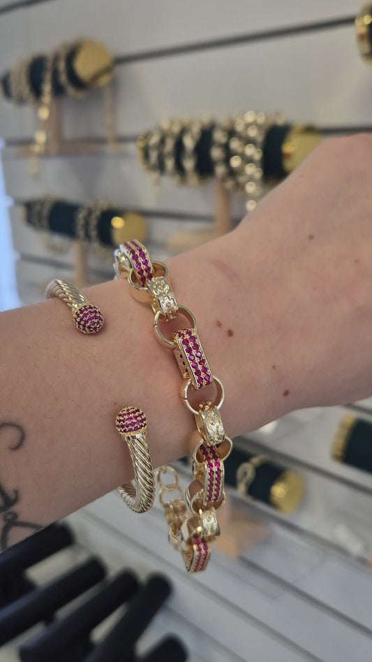 Dark Pink Cz Ball Bangle and Gypsy Link Bracelet