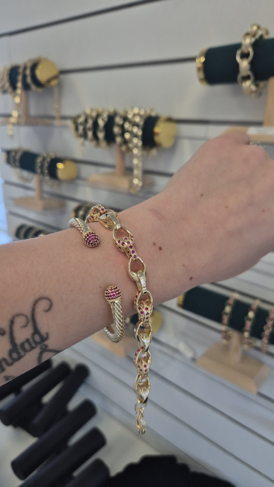 Dark Pink Cz Tulip and Ball Bangle