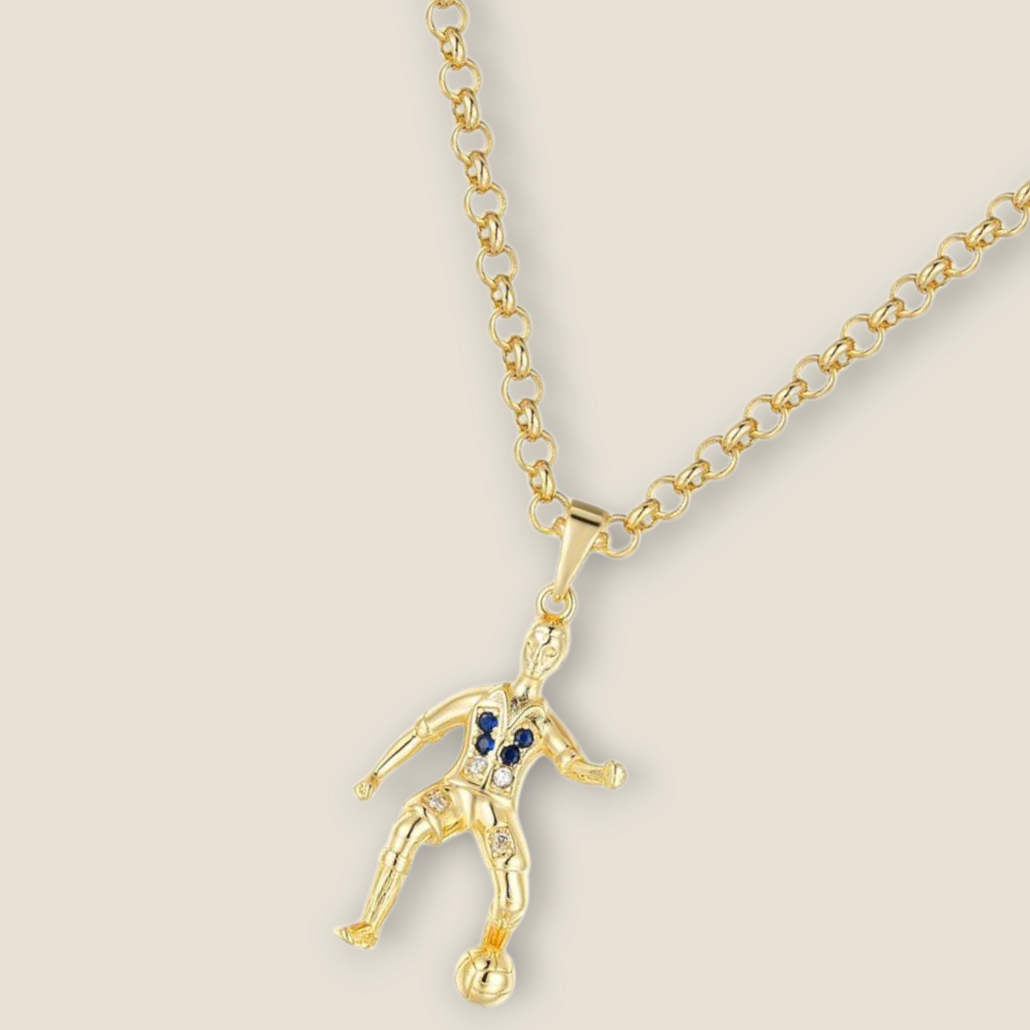 Footballer Pendant Blue Or White Cz On 5mm Belcher Chain