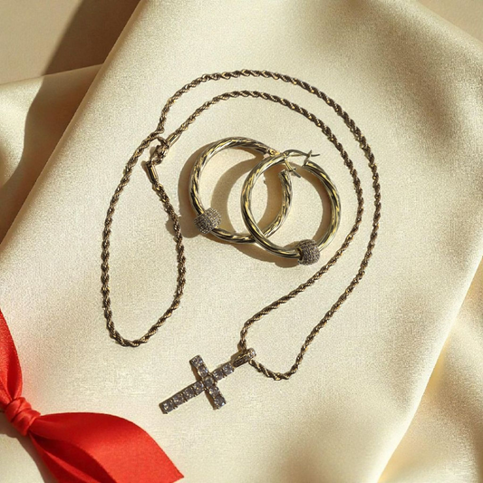 Ball Hoops and Cross Pendant